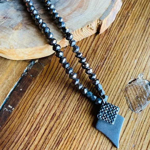 Marlyn Schiff Crystal Beaded Necklace with Diamond Shaped Pave Stone Charm - Picture 3 of 5